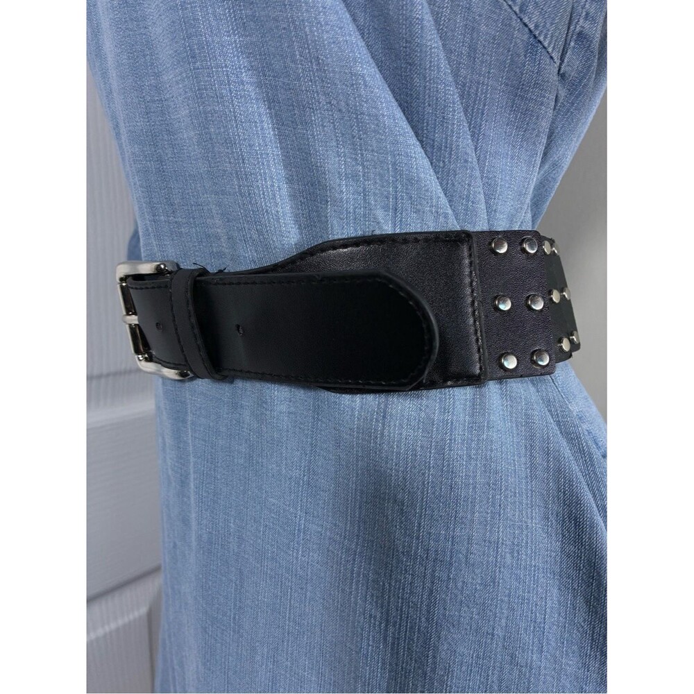 Womens belt Studded Panel Stretch black with silver buckle goth rock